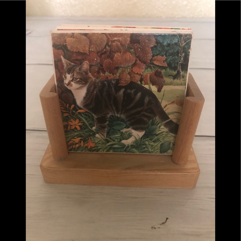Vintage set of 3 cat print coasters and holder